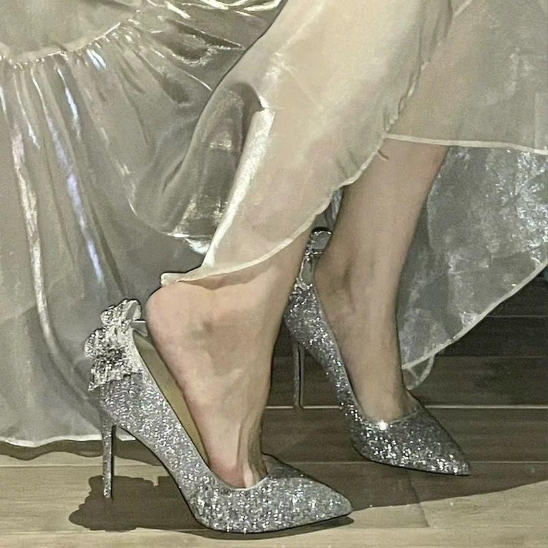 French Xiuhe main wedding dress two wear bridal wedding shoes 2025 new crystal sequins bridesmaids stiletto high heels women