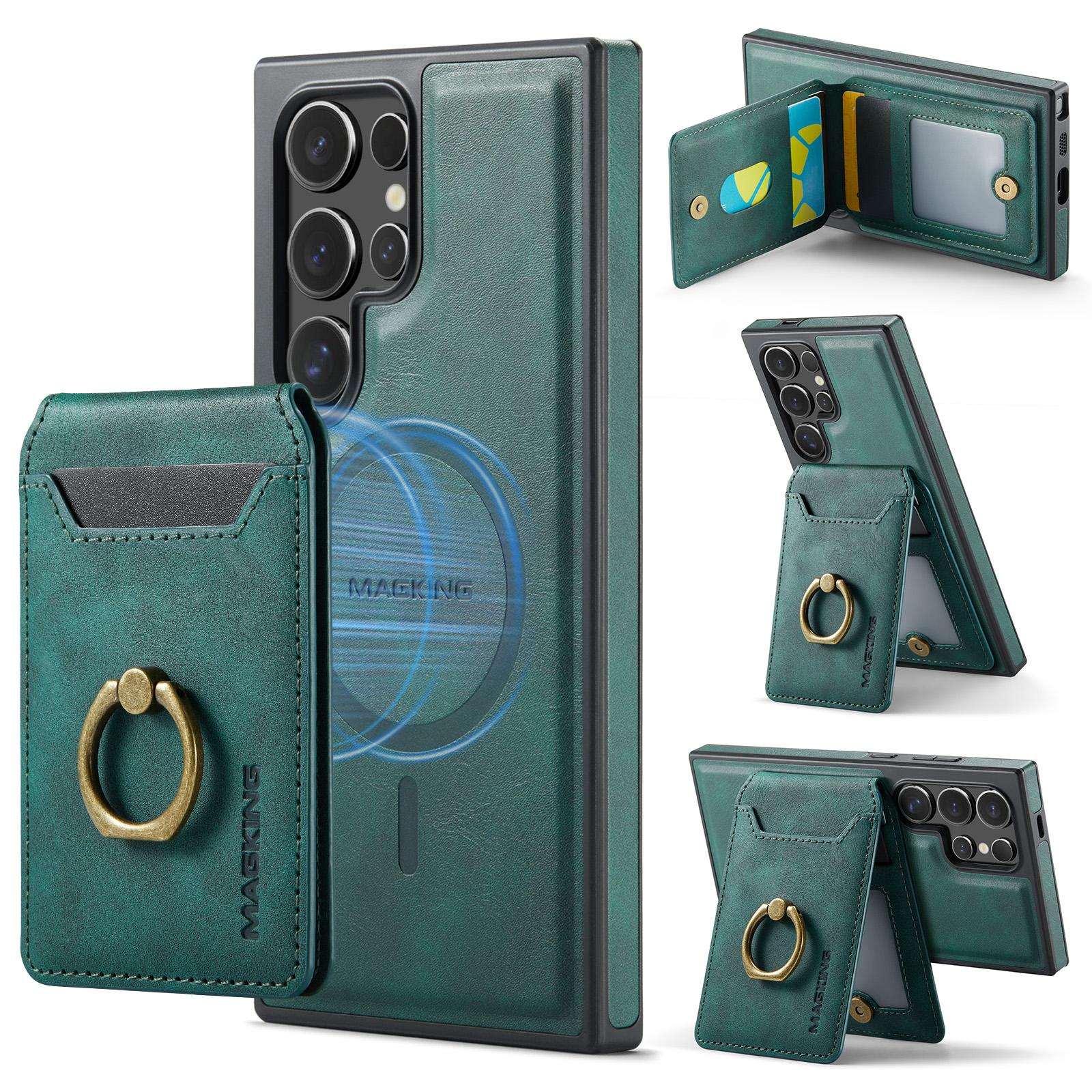 

For Samsung Galaxy S24 Ultra Magnetic Case PC+TPU+PU Phone Cover with Card Holder Green