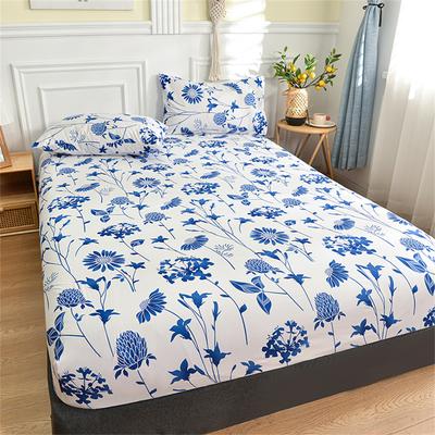 Twin Fitted Bed Sheet With Elastic Blue Flower Printed Bed Cover Single/Queen/King Bed Linen Reactive Printed Mattress Cover 180