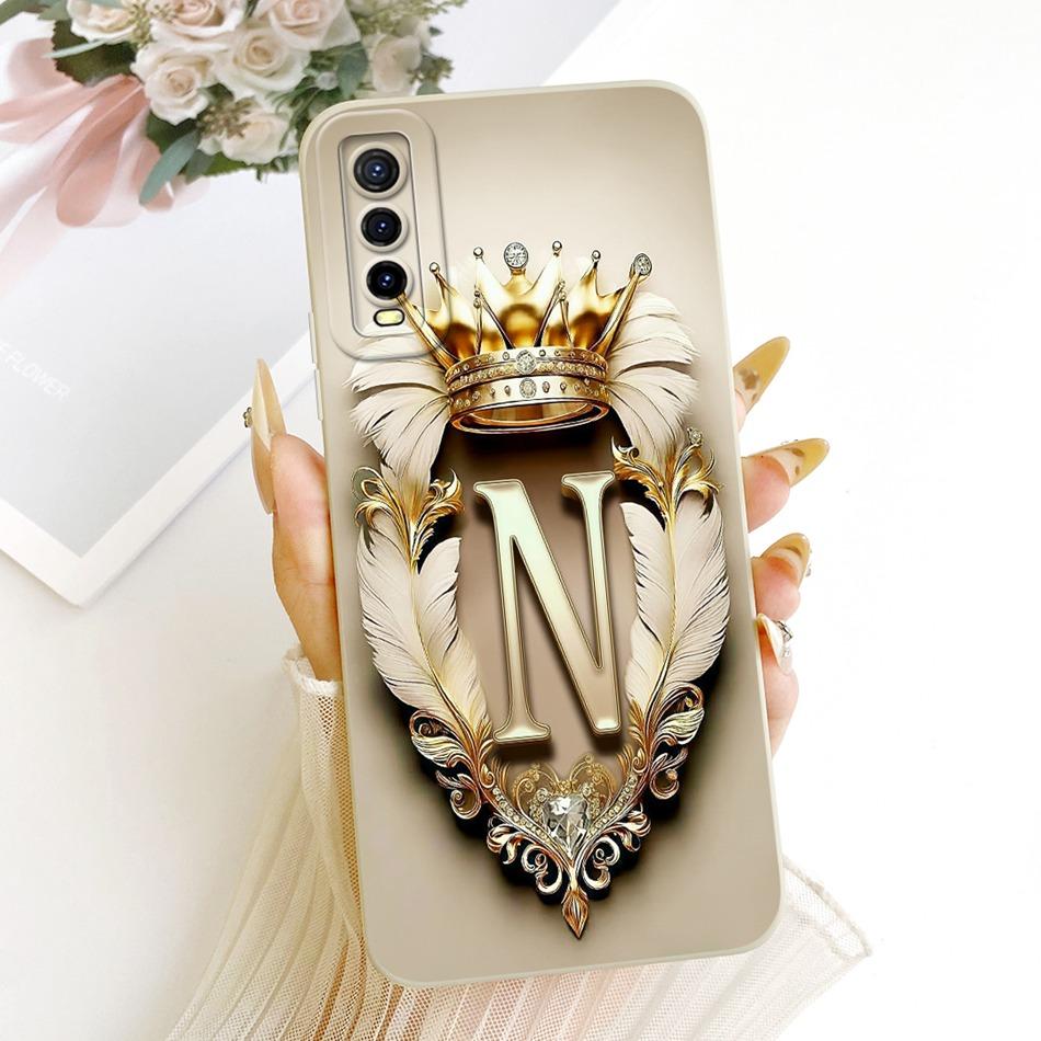 For Vivo Y70s Y70t V2002A Feather Crown Initial Letter Phone Case For Vivo Y70S Y70T 5G Soft Silicone Covers Bumpers