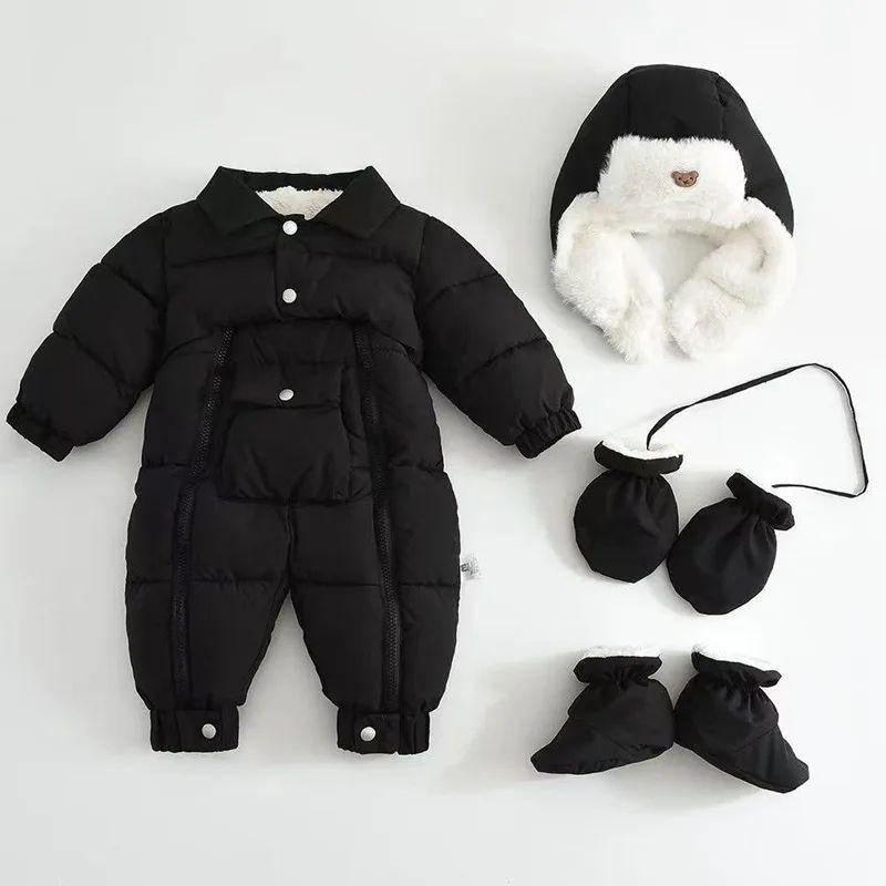 0-18M Baby Rompers 4PCS Set Winter Warm Fleece Lining Jumpsuits+Detachable Hat+Gloves+Foot Cover Children Snowsuits Boys Girls