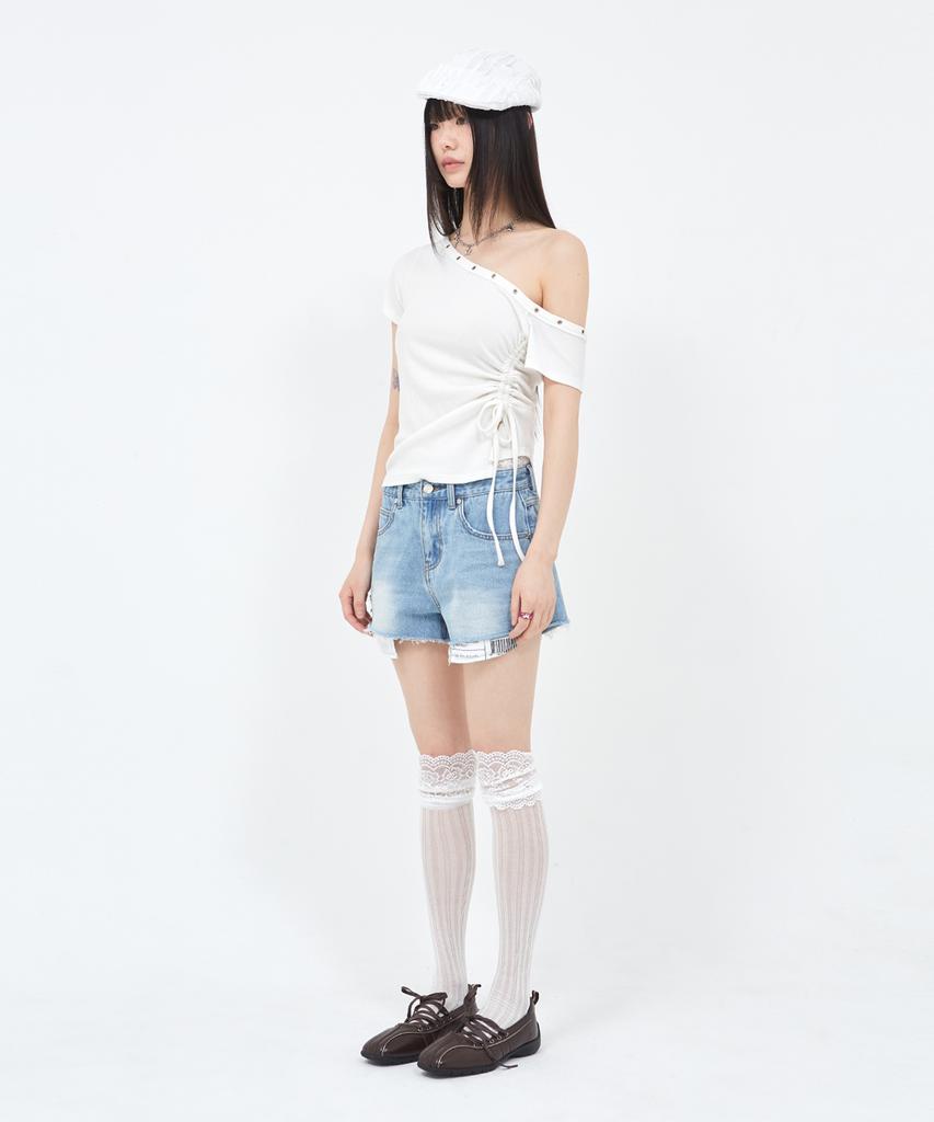 Sekeondeusolteu Layered Damaged Washed Denim Shorts (Light Blue)