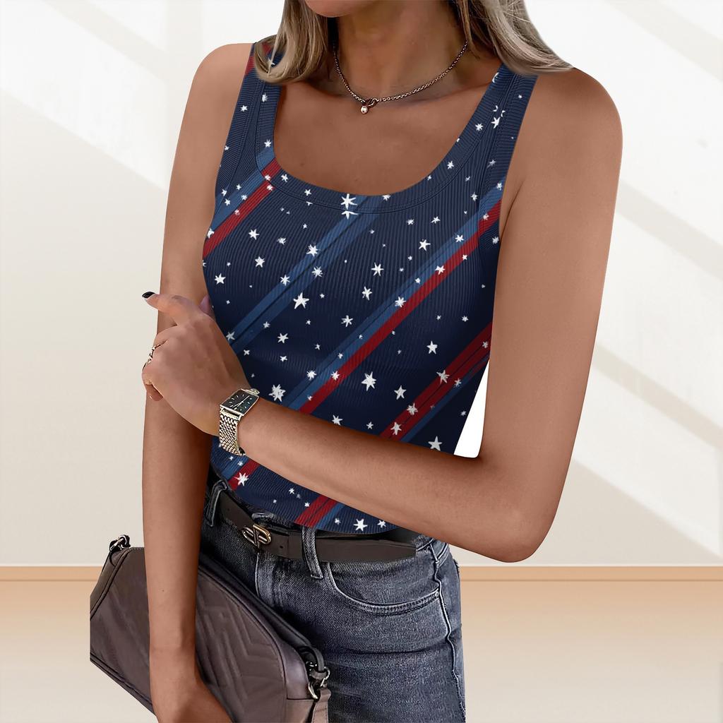 Women's Summer Fashionable Casual Independence Day Printed Round Neck Sleeveless Top Fitted Vest