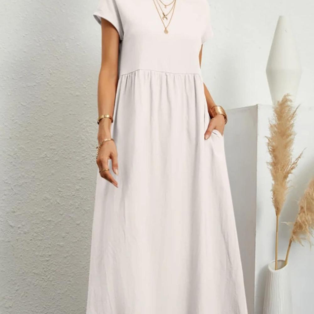 Women Elegant Solid Maxi Dress Summer Short Sleeve O Neck Vintage Harajuku Cotton Linen Loose Sundress Y2K Pockets Long Dress