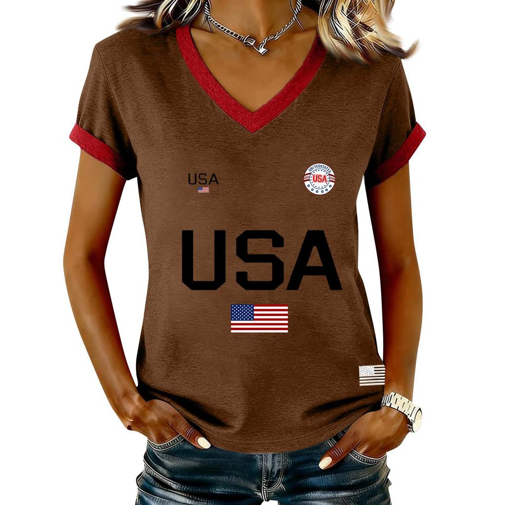 Damen Lässiger V-Ausschnitt Kurzarm Pullover Bedrucktes T-Shirt Top