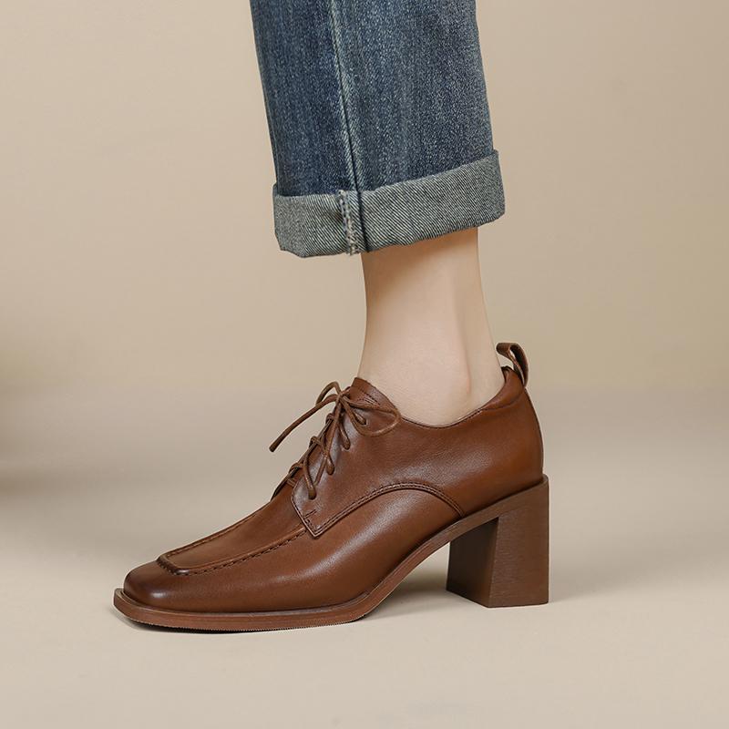 Fashion Mature Dress Women Pumps Fashion Office Ladies Thick Heels Square Toe Genuine Leather Lace-Up Shoes Woman 2025 New Spring Autumn