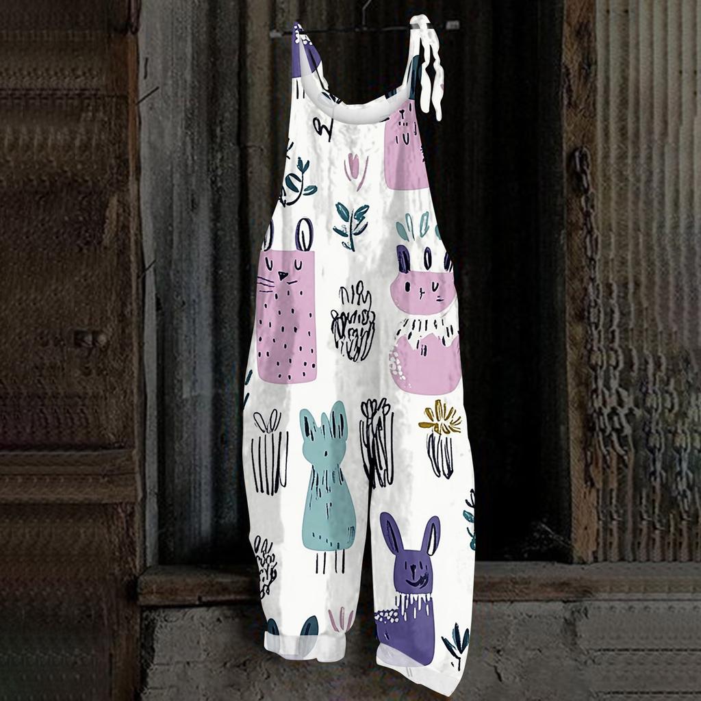 Kombinezon damski z nadrukiem świątecznym, swobodny, luźny, vintage, na ramiączkach, bawełniany, lniany