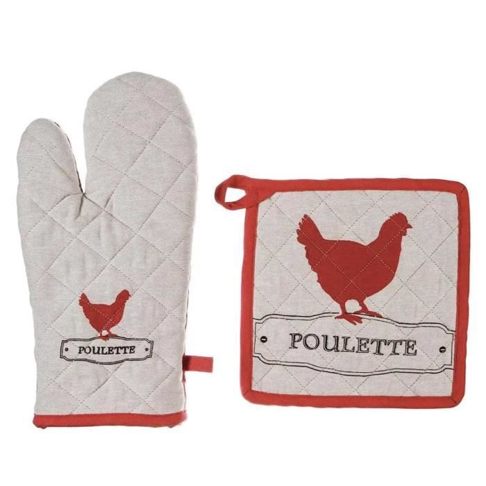 Gant Et Manique De Cuisine - Poule - 30x16 Cm - 100% Coton - Lavable - Blanc