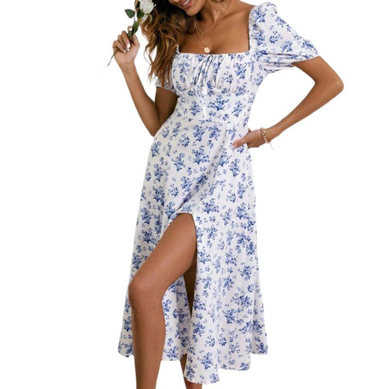 European and American Pastoral Style Sexy Square Collar Lace-up Small Floral Print Slim fit Puff sleeve Temperament High Slit Dress Women