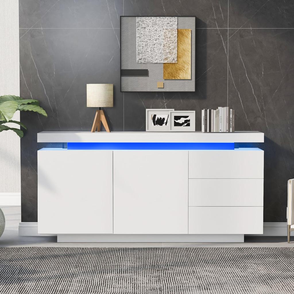 Sideboard Hochglanz Kommode Anrichte Schrank 2 Türen & 3 Schubladen, Standschrank Highboard, griffloses Design, verstellbare Regale, Weiß