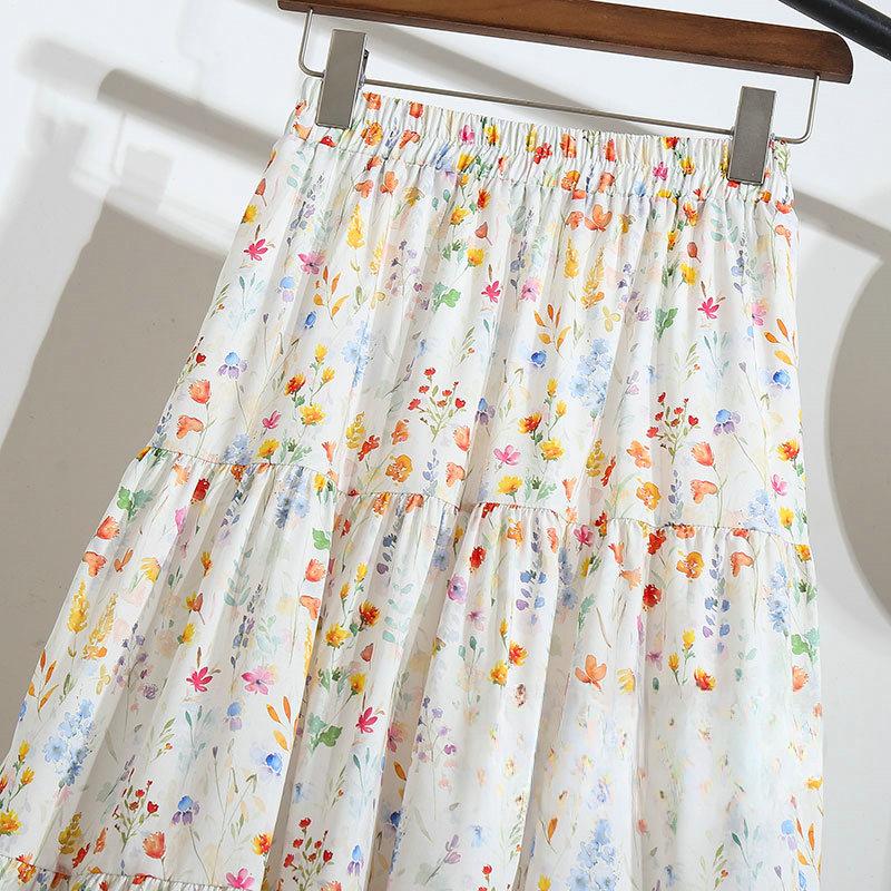DIMANAF 2025 New Summer Spring Women New Skirts Flower Loose Elastic Waist Pleated Elegant Long Skirts