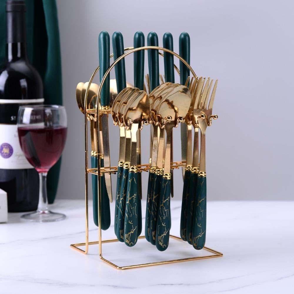 24pcs Stainless Steel Marbled Tableware Set Nordic Style Dessert Dinnerware Suit  Restaurant