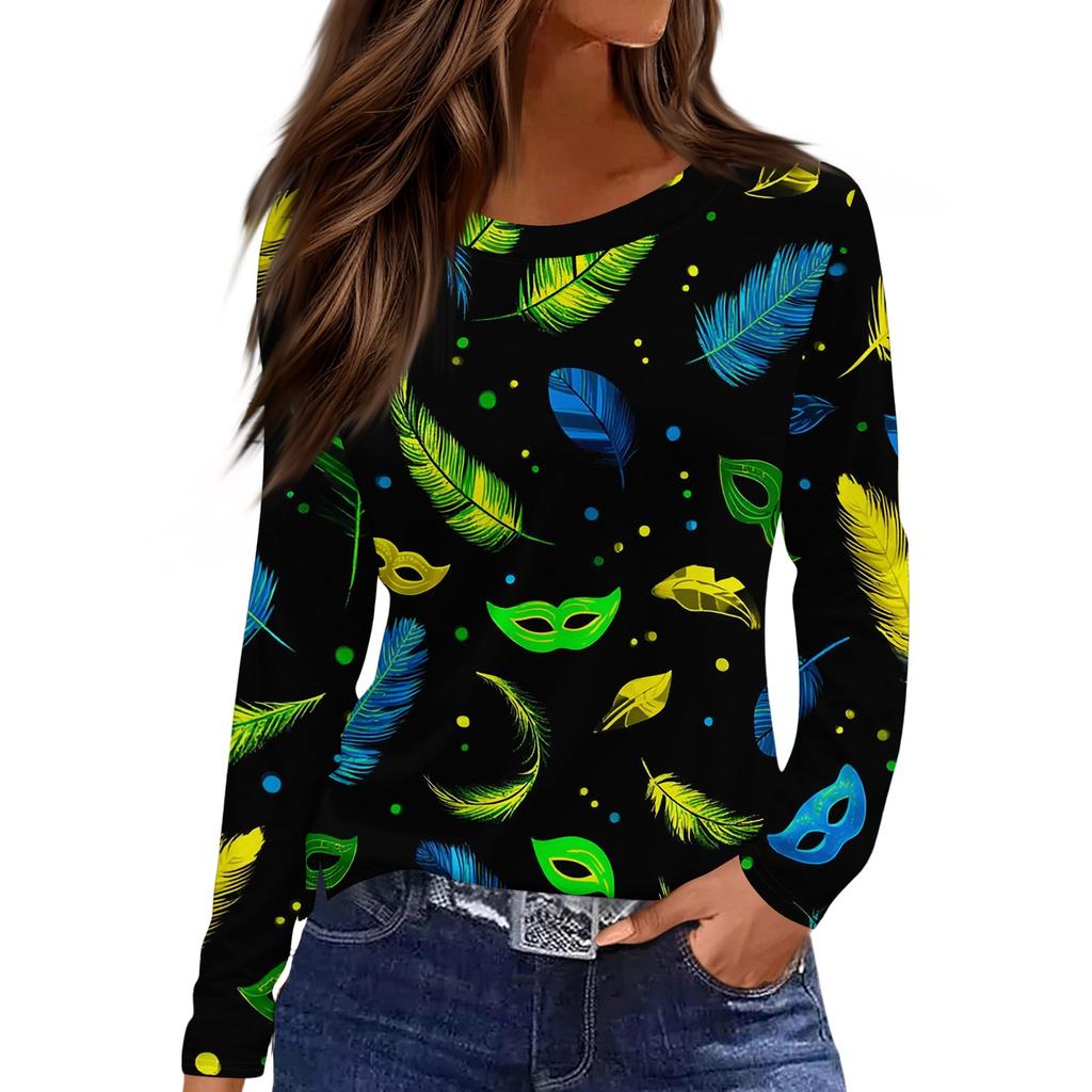 Women's Fashionable Carnival Print Round Neck Long Sleeve Top With Slit Hem