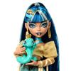 Includes Monster High Cleo De Nile Doll, Golden Blouse and Layered Skirt, Pet Cobra Hiset and Accessories Like Backpack, Snacks, Scroll and More.