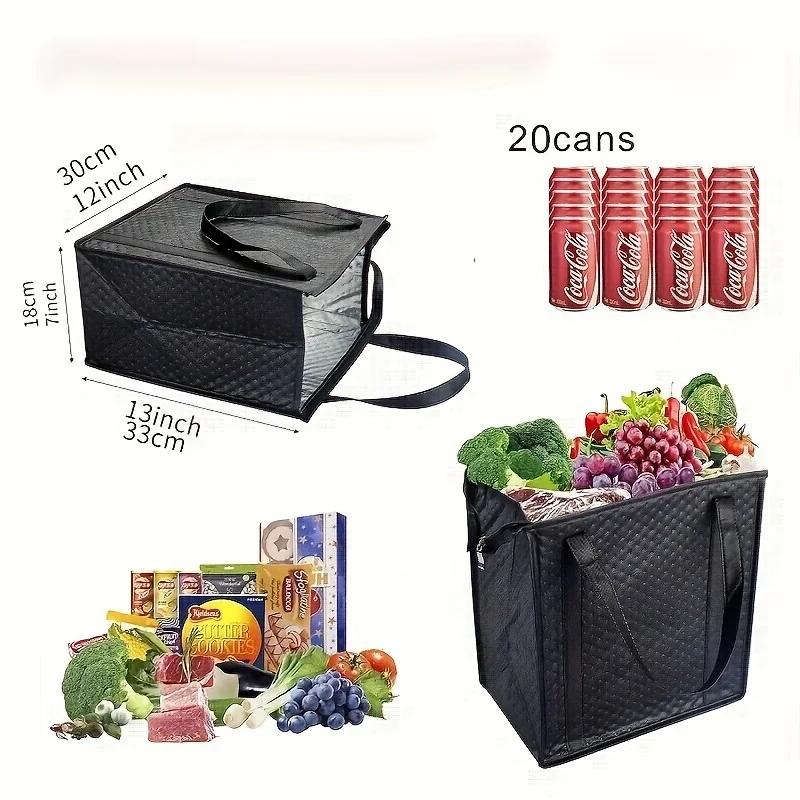 1pc Insulated Grocery Bags, Handheld Thermal Storage Bags, Black Cooler Tote Bags