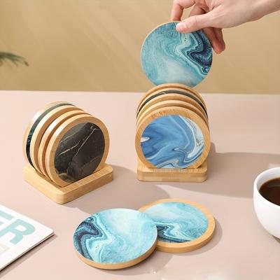1pc Coaster Set – 6-Hole Base, 2 Wave Round, 2 Turquoise Round, 2 Marble Round Coasters, Bamboo Waterproof,Simple Elegant Design with Various Patterns