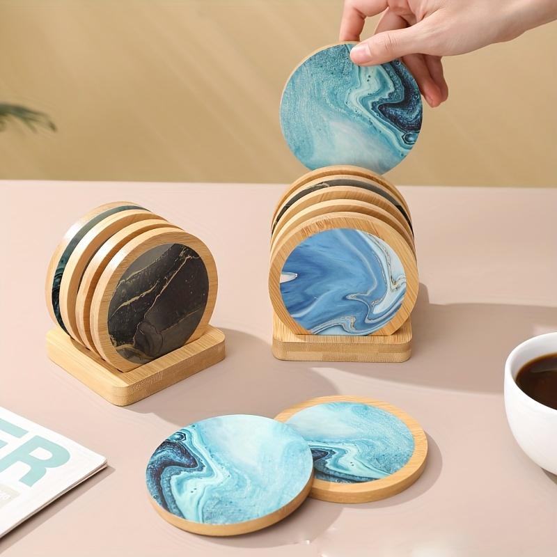 Untersetzer-Set (1 Stück) – Bambus Wasserfest, 6-Loch Basis + 2 Welle/2 Türkis/2 Marmor Runde Untersetzer, Schlichtes Elegantes Design