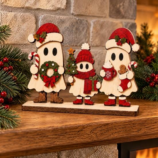 Decorative Ghost Statue for Mantel 3Pcs Wooden Christmas Ornaments with Stable Base Tabletop Holiday Entryway Cabinet Decorations Decor, 2D Flat Cute