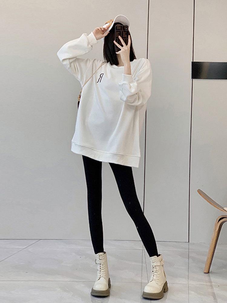 Women's Black Oversized Long Sleeve T-Shirt Sweatshirt - Korean Style, Mid-Length, Hip-Covering for Spring and Autumn