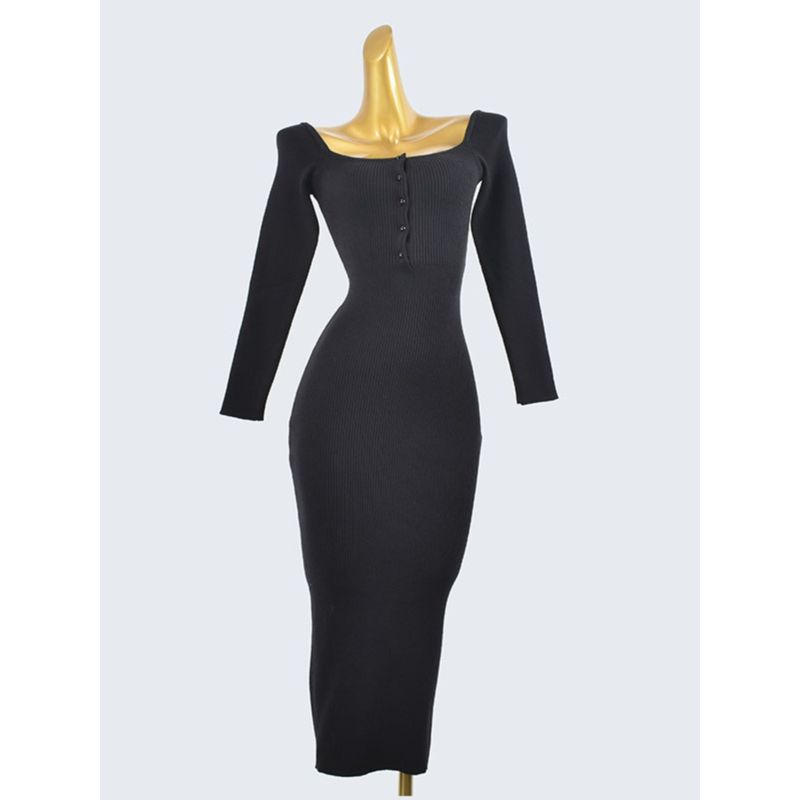 Cut Label Fall and Winter Square Collar Long Sleeve Silm Sheath Dress Pure Color Mid Length Long Length Fashion Wind Inner Wear Outer Wear Female
