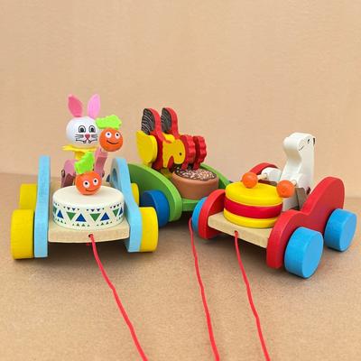Baby Drag Toddler Toy Wooden Cartoon Animal Pull Cart Children'S Early Education Puzzle Rabbit Bear Pull Cart