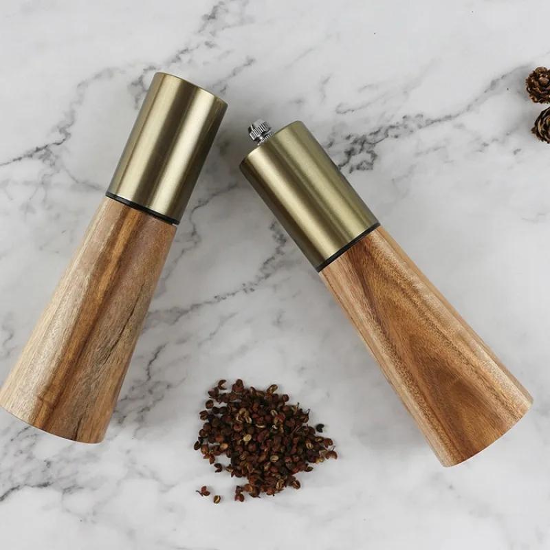 Pepper Coarse Salt Grinder Metallic Acacia Wood Kitchen Seasoning Jar Pepper Mill Set Spice Jar Salt Shaker Kitchen Supplies
