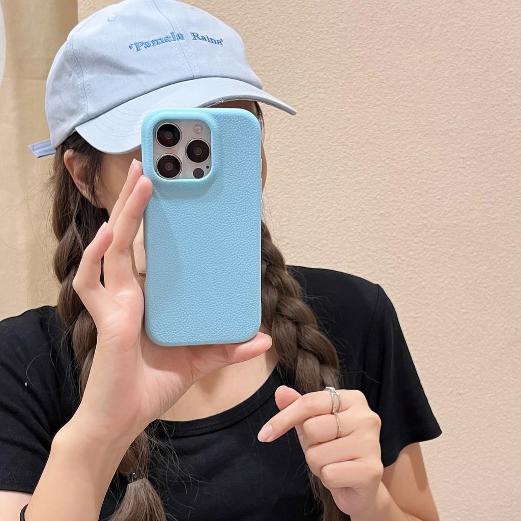 Simple solid color lychee pattern is suitable for iphone17promax leather pattern mobile phone case, simple Apple 13 anti-drop protective case.