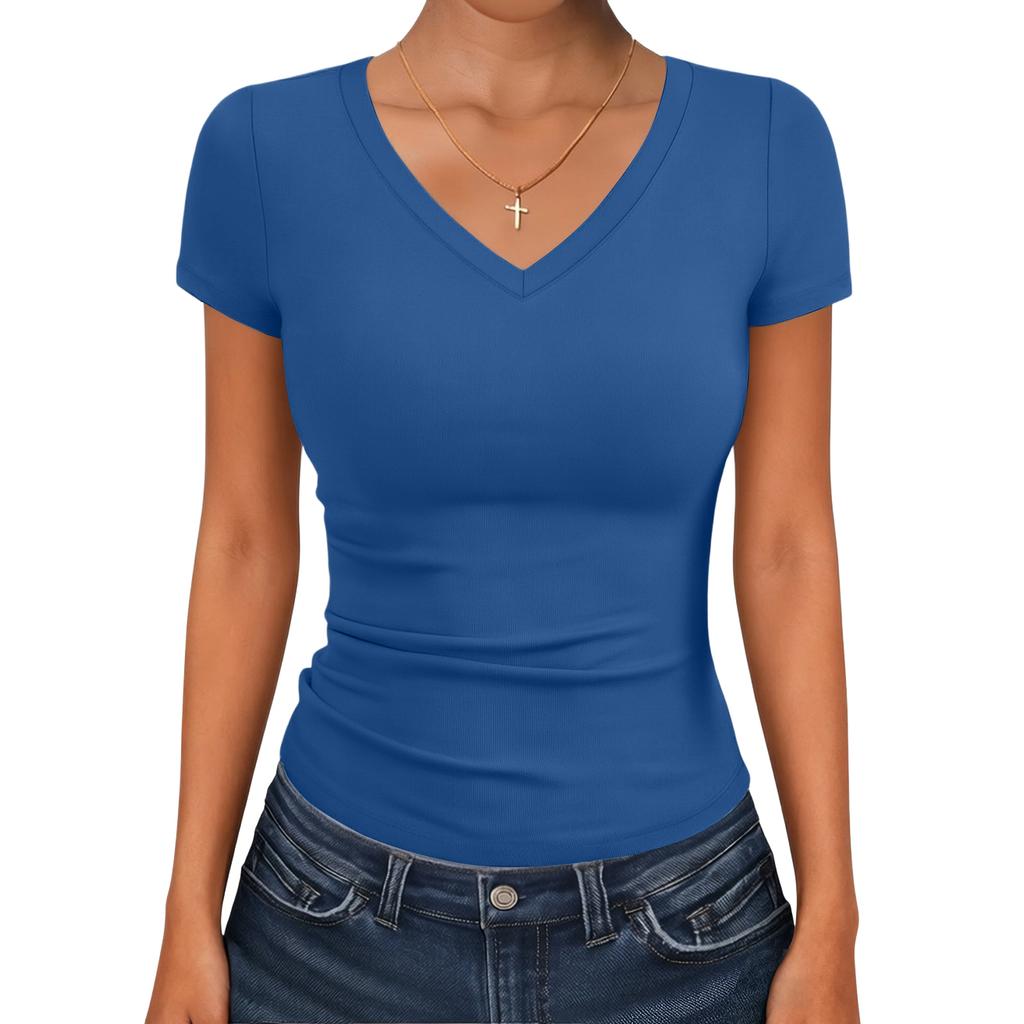 Damen Slim-Fit V-Ausschnitt Kurzarm T-Shirt Top