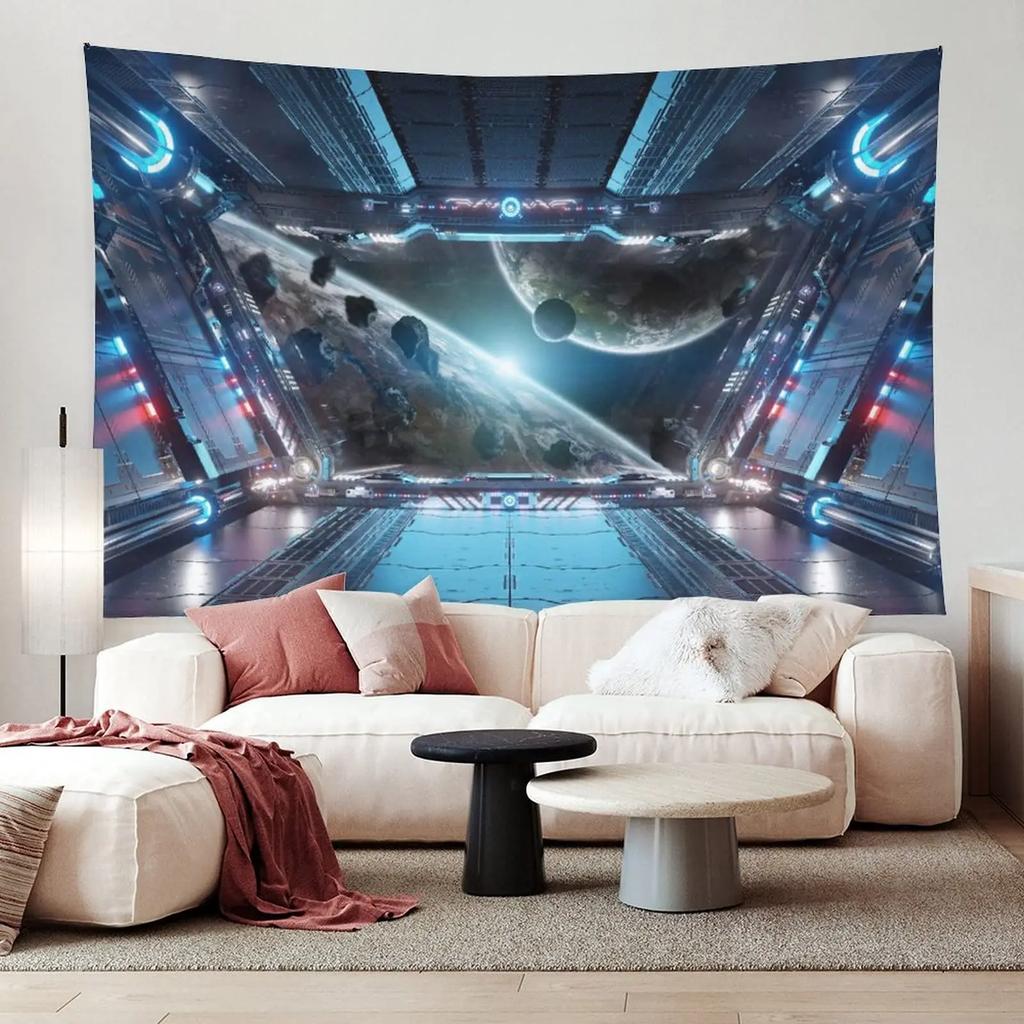 Futuristic Tapestry SciFi Corridor Space Ship Tapestry Space Station Tapestry Wall Hanging for Bedroom Living Room Dorm Decor