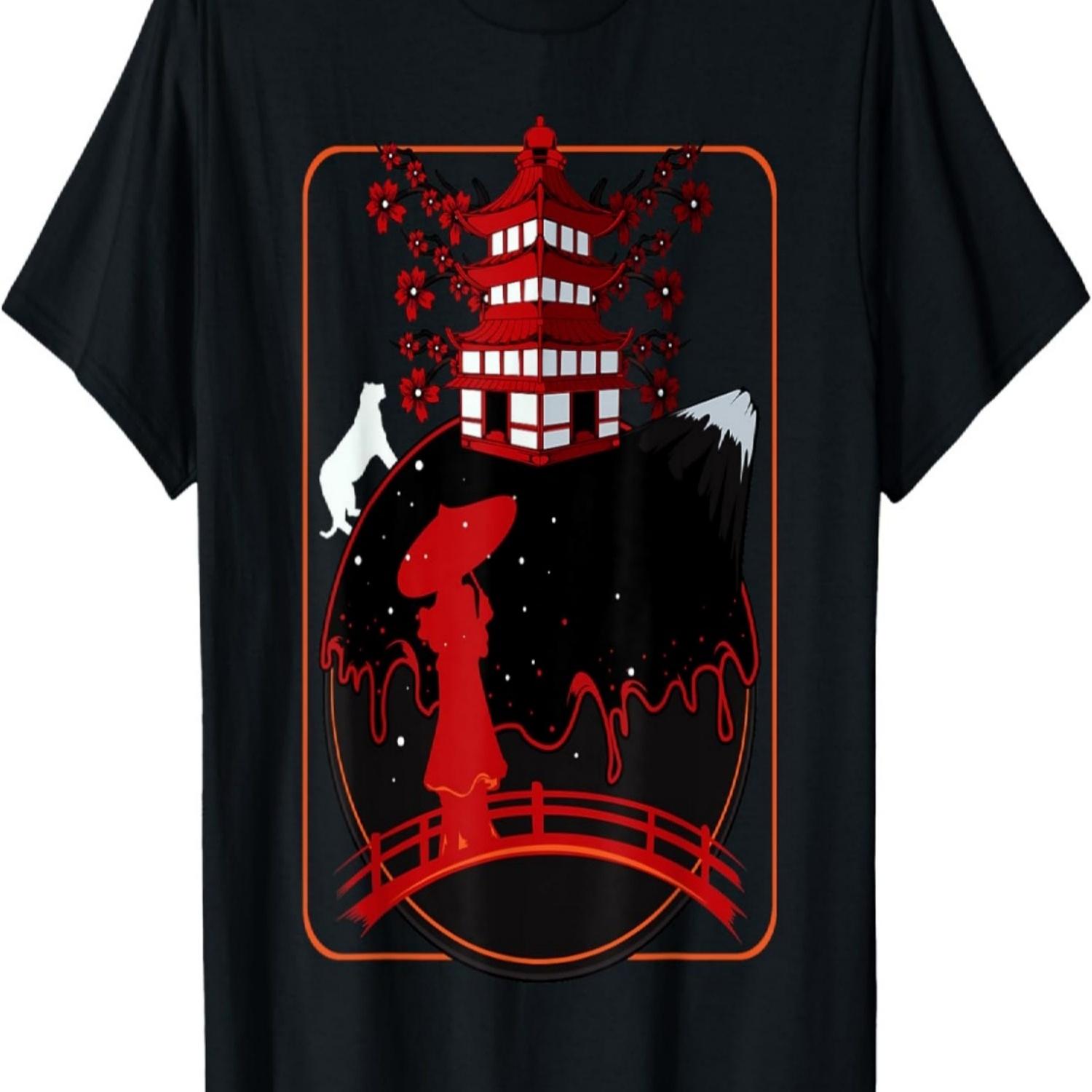 Футболка с принтом Гейша Храм Япония Самурай Сакура Цветение вишни S чёрный