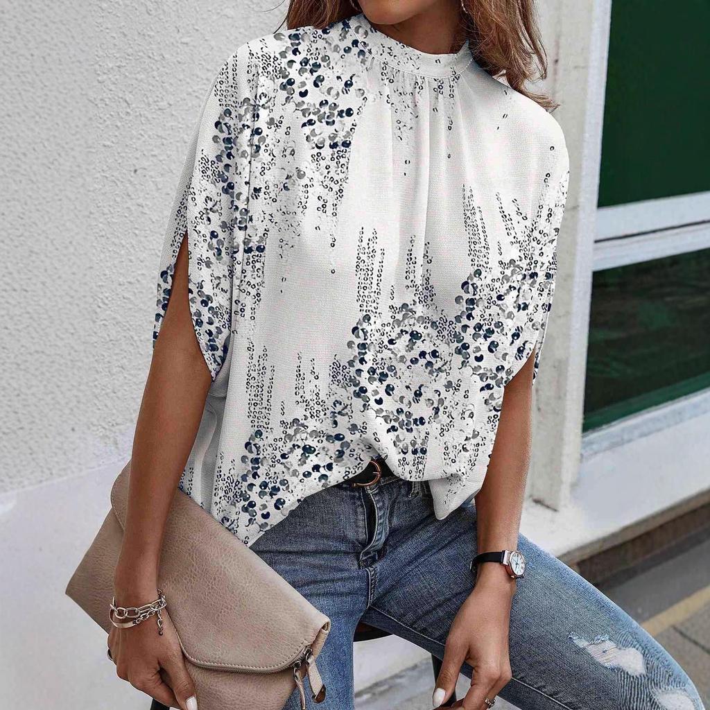 Women's Elegant Loose Short-Sleeve Printed Pullover Top with Round Neck Tie-Up Design