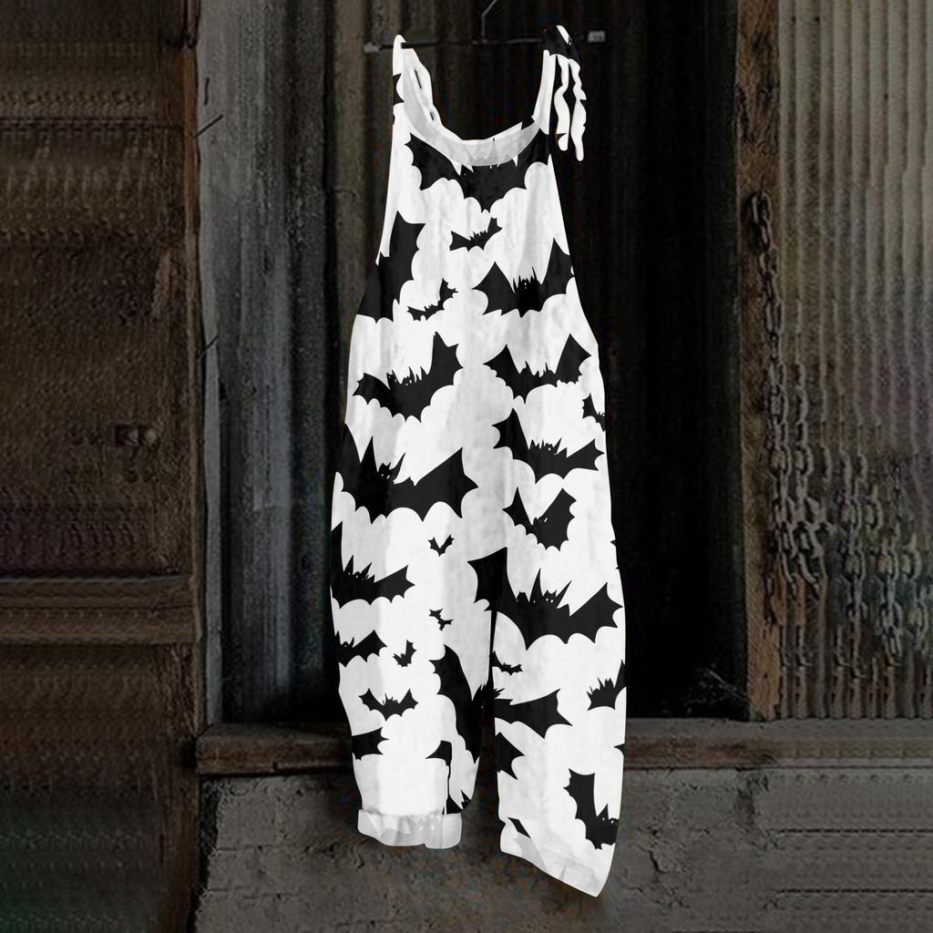 Women Halloween Printed Loose Casual Vintage Style Linen Blend Overalls Adjustable Strap Wide Leg Jumpsuit