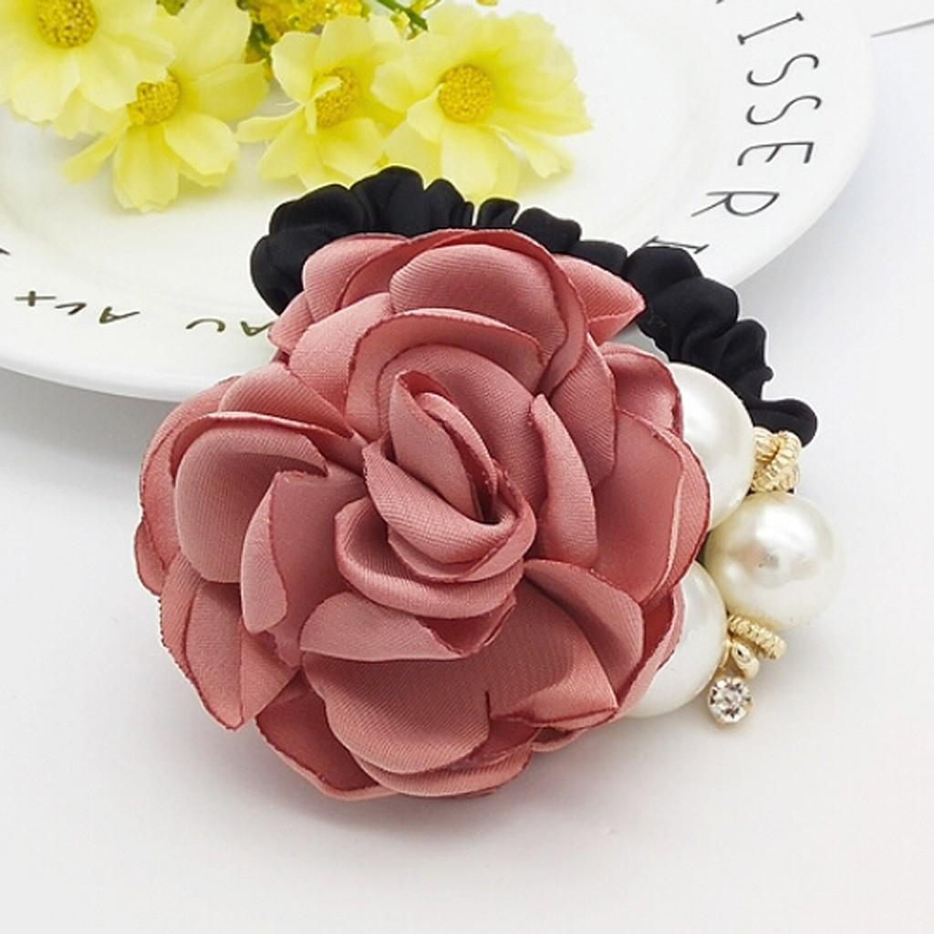 Women Big Rose Flower Pearl Rhinestone Hair Bands Girls Elastic Hair Rope Ring