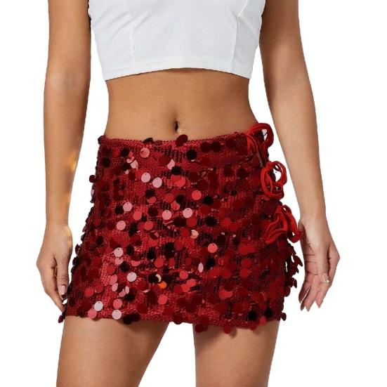 Dámská mini sukně s vysokým pasem, design se šněrováním na boku, krátká sukně, lesklé flitry, sukně obepínající boky, sexy párty sukně