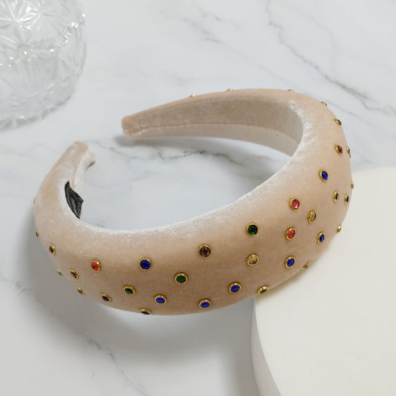 LALA Velvet Jeweled Zigzag Hairband - Beige