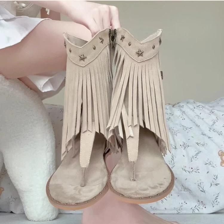 Real Leather Rivet Tassel Cool Boots For Women, With A Height Increasing Slope Heel And Clamped Toe, Summer Bohemian Sandals