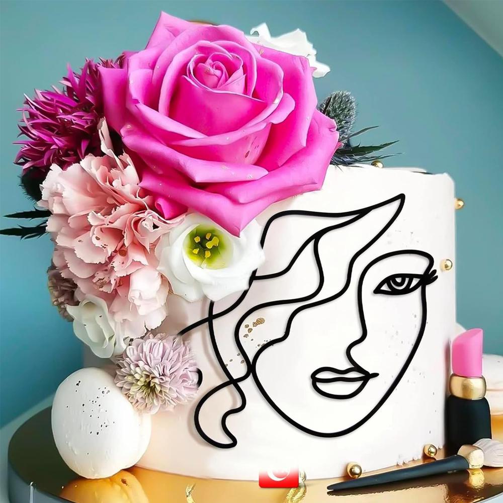 INS Abstract Minimalist Lines Cake Toppers Black Acrylic Lady Face Birthday Cake Topper for Kids Birthday Party Cake