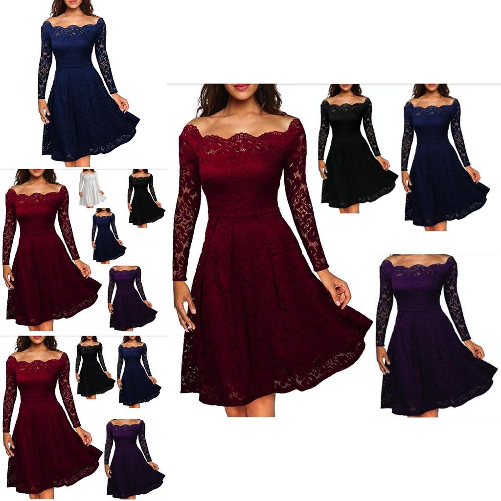 Elegant Women's Vintage Lace Boat Neck Formal Wedding Cocktail Evening Party Swing Dress