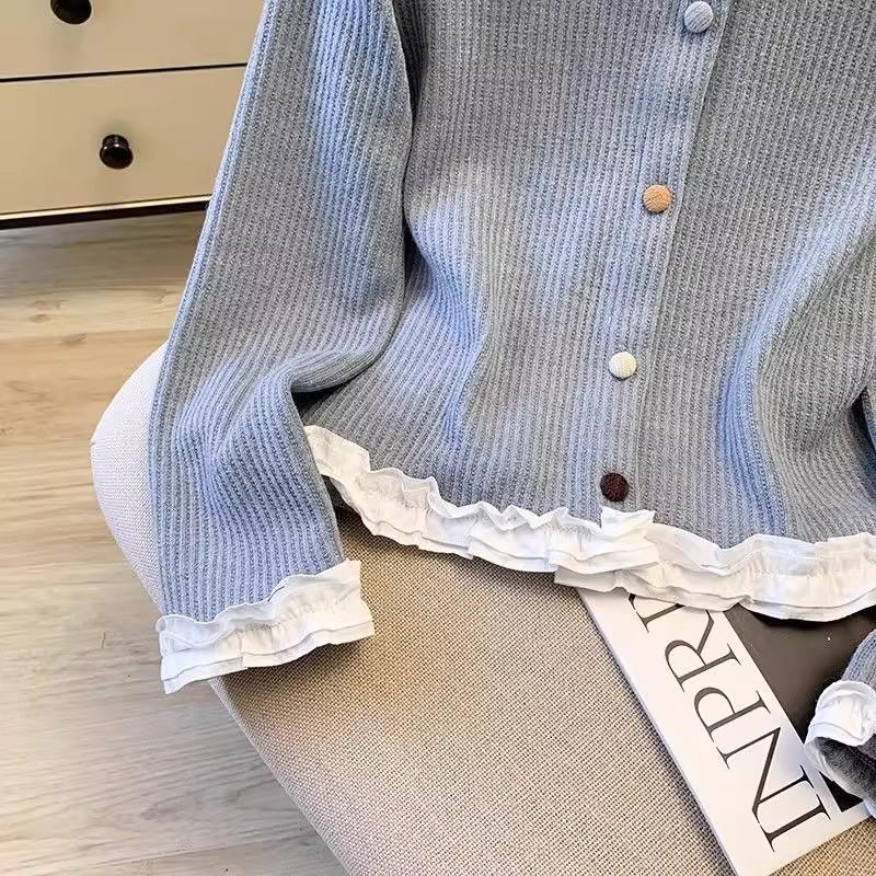 Spring & Autumn Patchwork Ruffle Slimming Cardigan with Colorful Buttons - Women's Long Sleeve Base Top