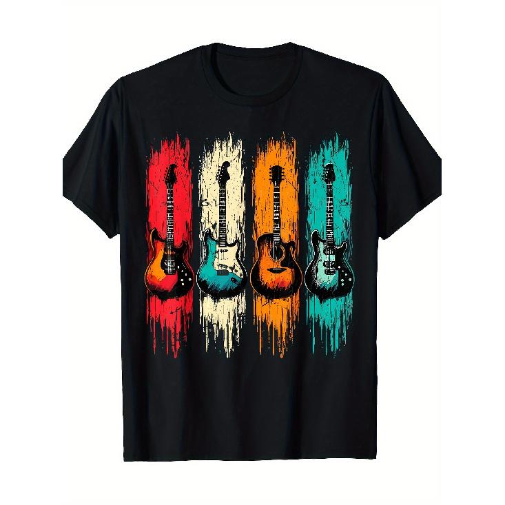 Men S Vintage Guitar Graphic Tee - Made from 100%, This Heavyweight 180Gsm Round Neck Short Sleeve Shirt Features a Retro Music Band Design Along S чёрный