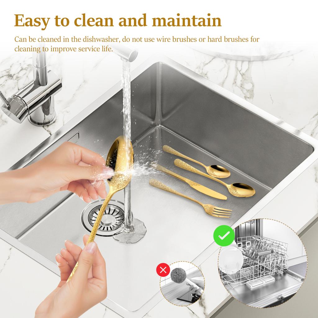 24Pcs Retro Rose Carved Silverware Set Stainless Steel Fork Spoon and Knife Mirror Polished Flatware Set Home Festival Party Use