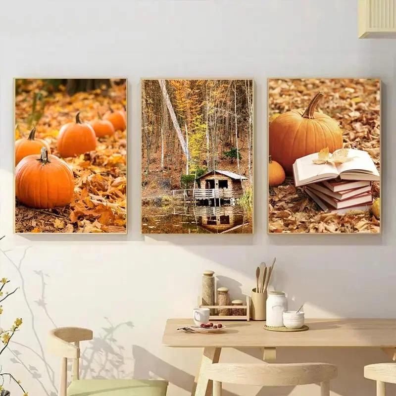 Autumn Yellow Fallen Leaves Scenery Canvas Painting Fall Pumpkin Halloween Wall Art Print Poster Modern Living Room Home Decor