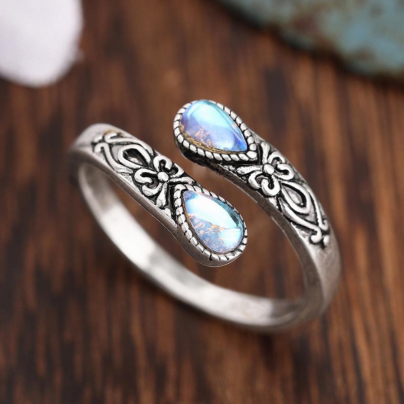 Fashionable Retro European Ring for Women, Open Water Droplets Imitation Moonstone, Popular Ethnic Jewelry