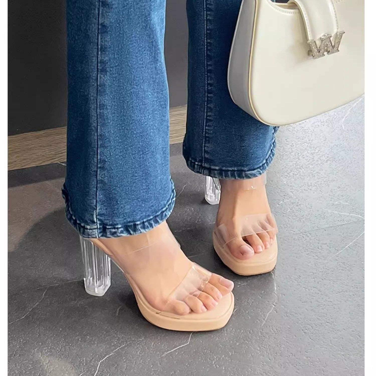 

Women s 2025 Summer Crystal One-Strap Chunky Heel Sandals - Waterproof Platform Slippers 35