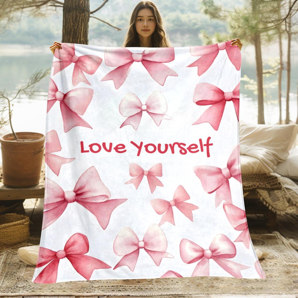 Love Yourself Bow Pattern Blanket Pink Ribbon Motif Inspirational Message Soft Flannel Throw Blanket for Women Self CareGiftHome 75x90cm