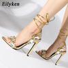 Eilyken Letnie Szpilki Sandały z Cyrkoniami Damskie Szpiczasty Nosek Pasek na Kostkę Kryształowe Ślubne Damskie Buty