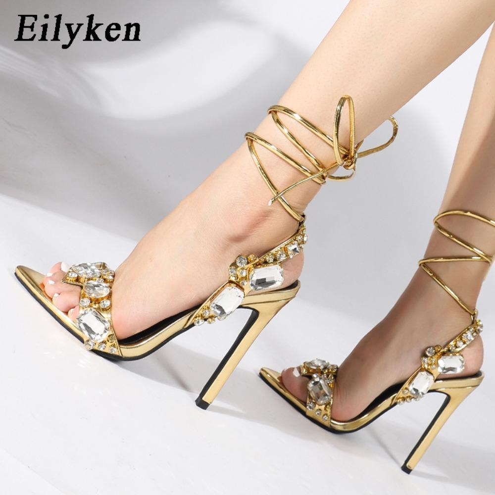 Eilyken Letnie Szpilki Sandały z Cyrkoniami Damskie Szpiczasty Nosek Pasek na Kostkę Kryształowe Ślubne Damskie Buty