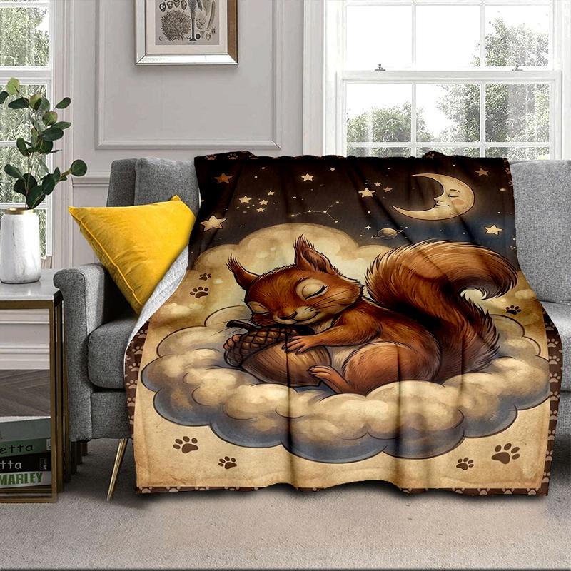 Squirrel Dreams Under Moonlight Blanket Flannel Blanket for Bed, Sofa, Camping, Hiking, Picnic Essentials, Gift for Family Fan Gifts