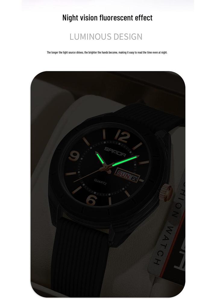 Orologio Sanda Dual Calendar al Quarzo da Studente con Lancette Luminose, Impermeabile, alla Moda, Cassa Rotonda Trasparente