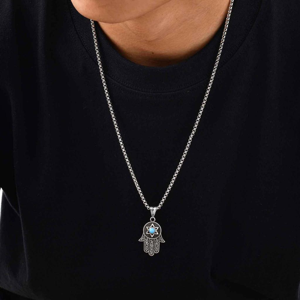 Edelstahl Hexagramm Türkis Fatima Hand Anhänger Halskette (PN-2232)